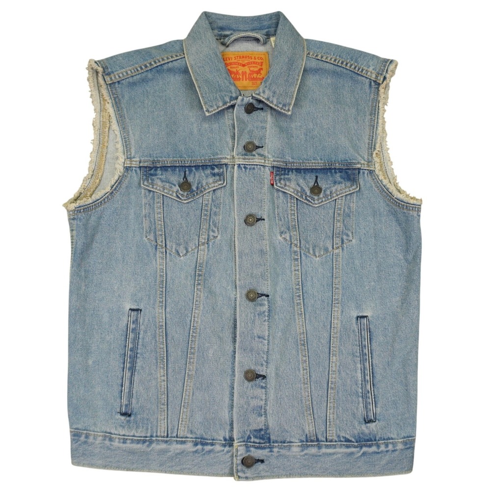 Levi's Denim Trucker Vest Men Size M Blue Light Wash Type 3 Frayed Sleeveless